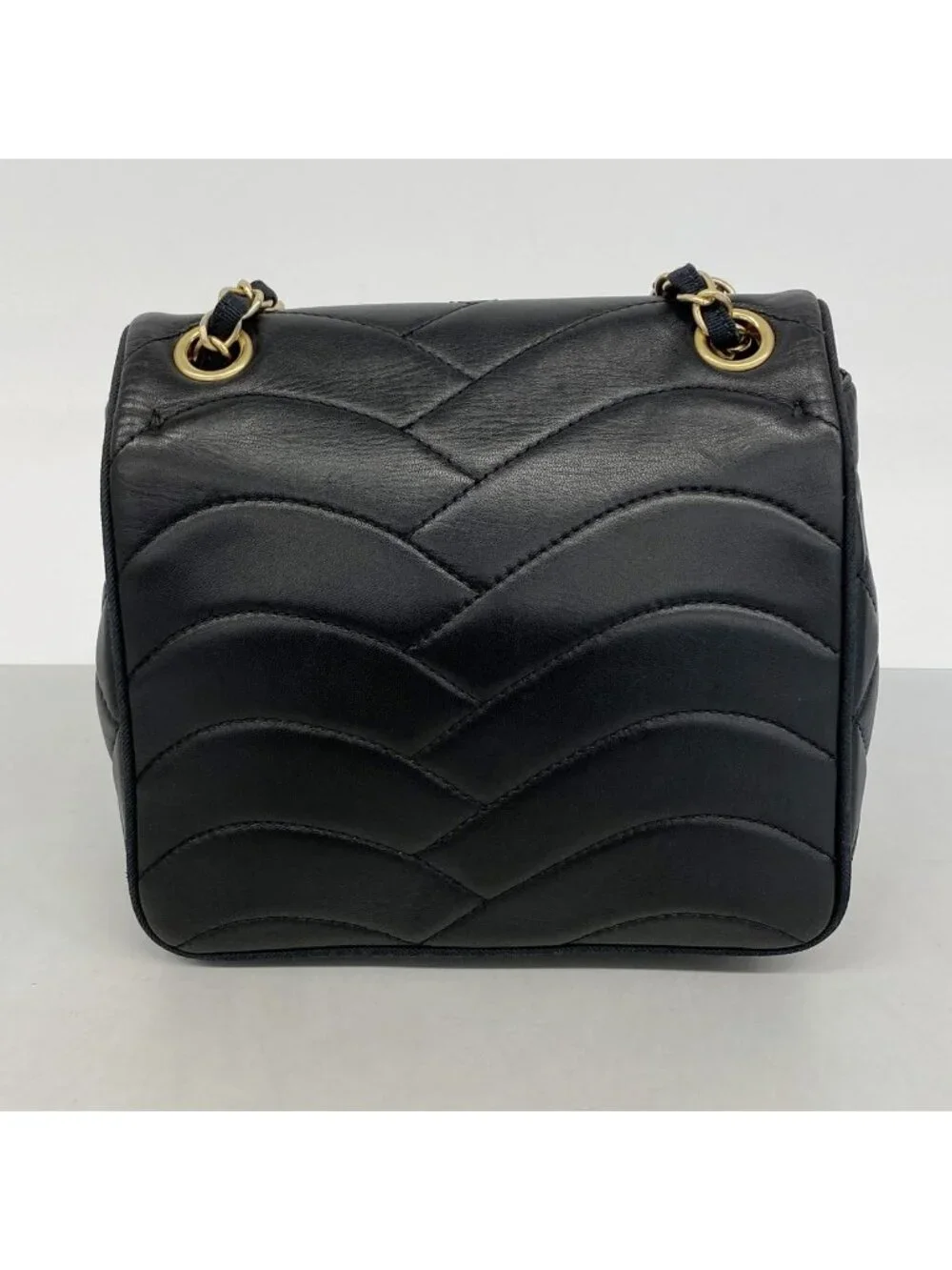 Chanel Shoulder Bag Wave Stitch Lambskin Black Gold